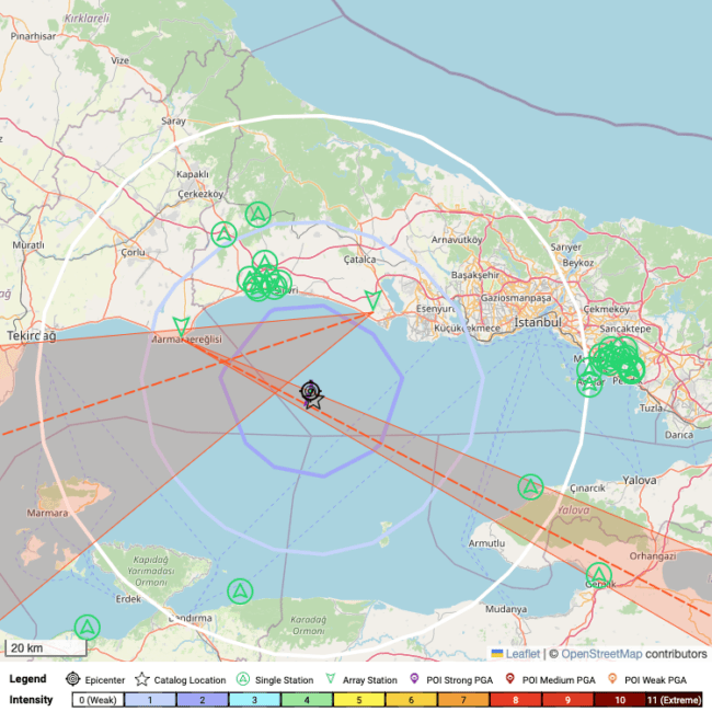 Map of earthquake early warning near Istanbul, Turkey