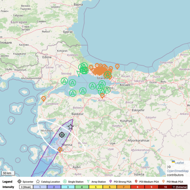 Map of earthquake early warning near Bursa, Turkey