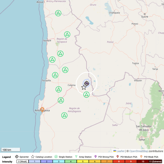 Map of earthquake early warning for a magnitude 4.2 earthquake near Antofagasta