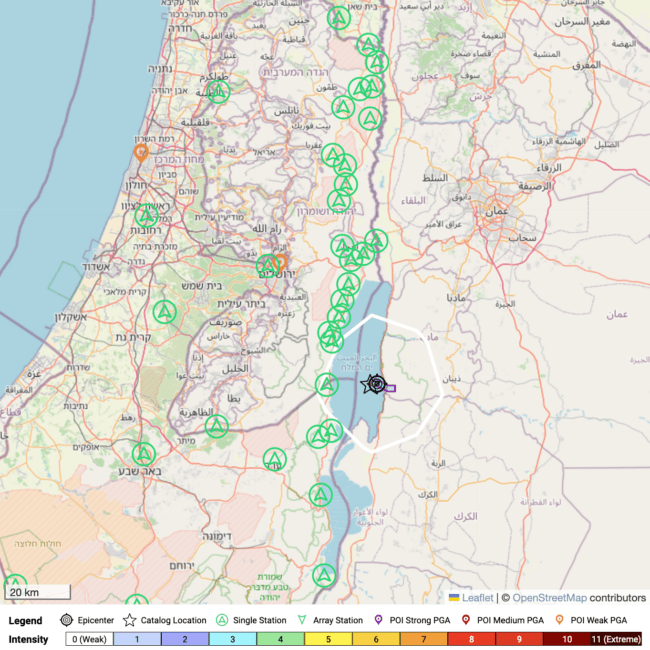 Map showing magnitude 3.9 earthquake near Jerusalem