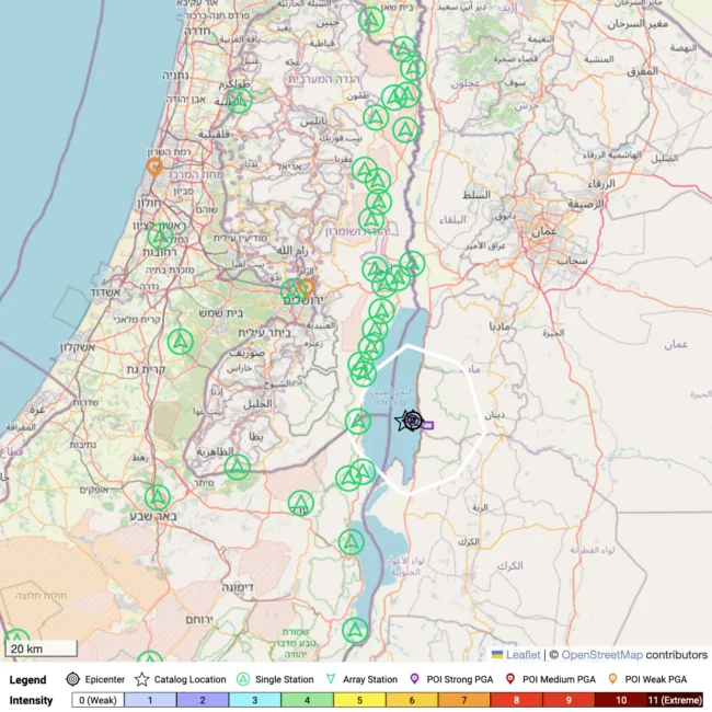 Mapa del terremoto de magnitud 3,9 cerca de Jerusalén