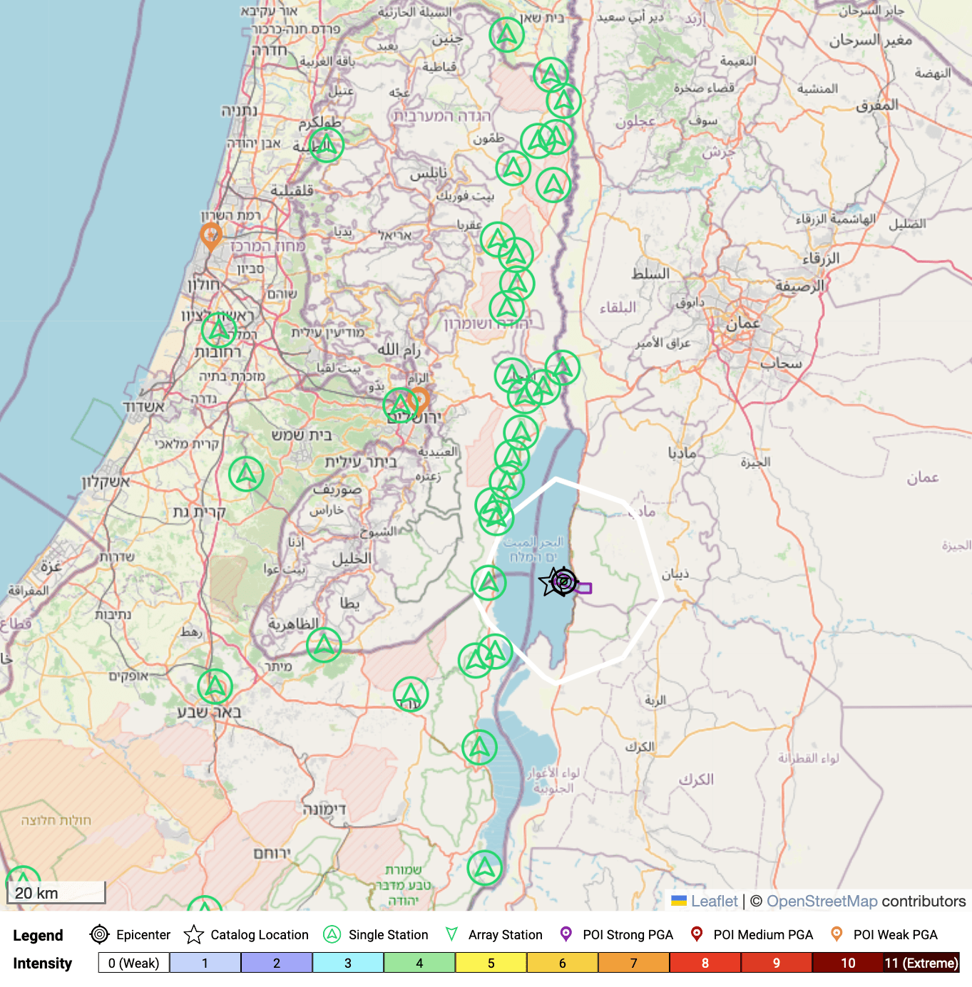 Map showing magnitude 3.9 earthquake near Jerusalem